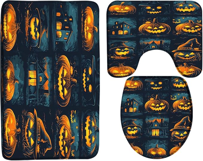 3PCS Halloween Pumpkin Bath Mat Set Spooky Pumpkin Witch Hat Haunted House Horror Night Dead Day Funny Holiday Bath Mats,Toilet Cover,U-Shaped Toilet Mat - skull toilet mat