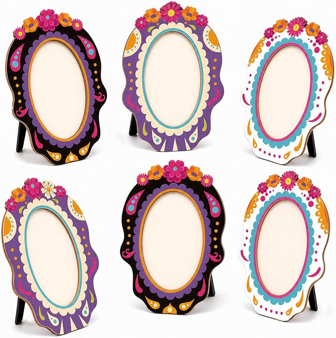 3PCS Dia de Los Muertos Picture Frame Set, 4x6 Wooden Sugar Skull - skull plate