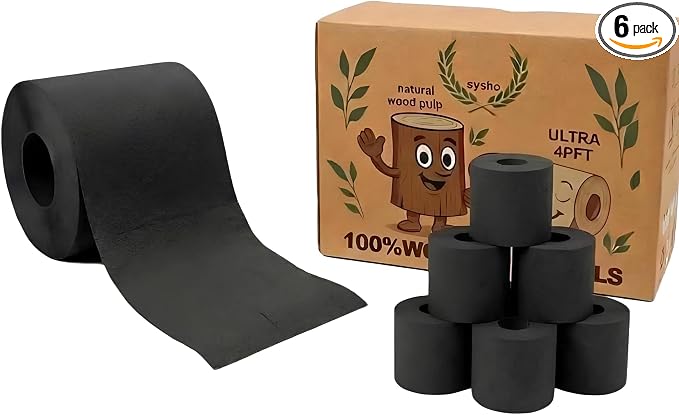 black Toilet Paper, Ultra Soft, 4-Ply, Safe for Toilet Use, Durable, Travel-Friendly, Stylish and Unique Roll for Modern Bathroom Decor, 135 Sheets, 6 Rolls