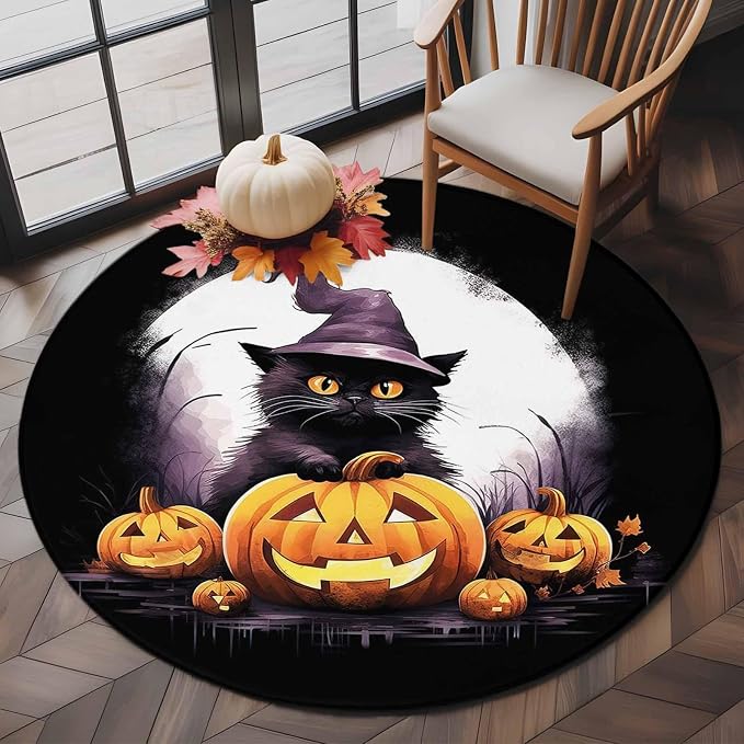 Halloween Round Area Rug 5ft Black Wizard Cat Floor Carpets Indoor Floor Area Mat Stain-Proof Mat Circle Rugs for Living Room Dining Room Kitchen Bedroom, Moon Jack-O-Lantern Pumpkin Sofa Throw Carpet - skull carpet