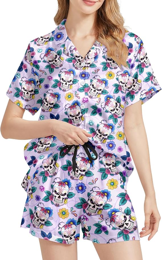 Pajamas for Women Set Silk Satin Sleepwear Button Down Short Sleeve Top and Shorts Loungewear 2 Piece Pj Sets - skull pajamas