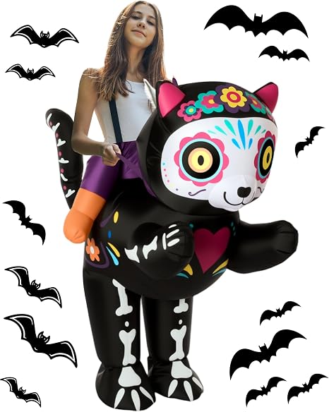 Halloscume Inflatable Skeleton Cat Halloween Adult Blow Up Costume - sugar skull costume