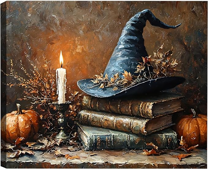 Framed Halloween Canvas Wall Art for Living Room Decoration 12x18, Witch Hat Exquisite Poster Painting Prints,Vintage Spooky Pumpkin Fall Canvas Art for Bedroom Home Decor - skull wall art