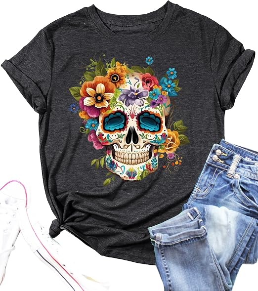 Dia De Los Muertos Shirt Women Funny Day of The Dead Skulls T-Shirt Fall Sugar Skull Garphic Tees Spooky Season Tops - sugar skull boots