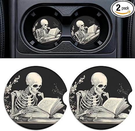 Car Cup Holder Ceramic Coasters 2 Pack, 2.56 in Anti Slip Absorbent Coaster with Cork Base and Finger Notch, Funny Cute Car Accessories Interior for Women, Skeleton Man - skull coaster