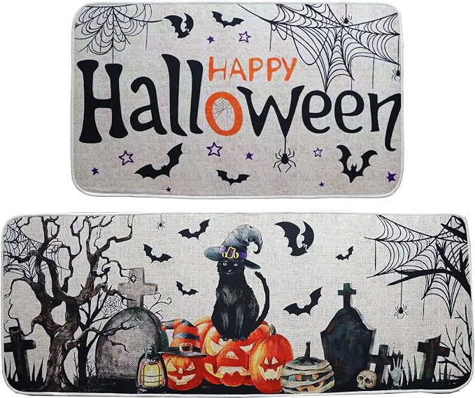 Halloween Kitchen Mats Set of 2, Halloween Decor Black Cat Pumpkin Rugs, Non-Slip Washable Kitchen Mats for Floor Kitchen Bathroom, Halloween Decorations for Home,17"x27+17"x47" - skull toilet mat