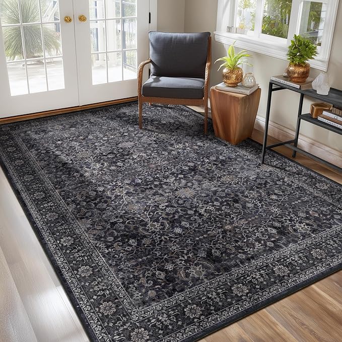 Dark 5×7 Area Rugs for Living Room Bedroom, Washable Non Slip Low Pile Thin Soft Carpet Rugs for Dining Room/Kitchen/Home Office/Nursery, Vintage Farmhouse Earth Tone Midnight with Gray Accents