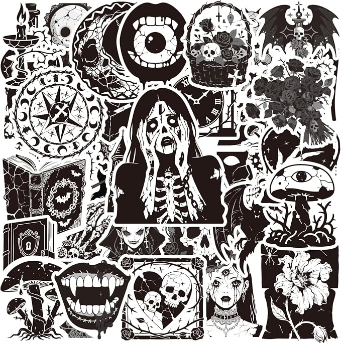 50PCS Goth Stickers Packs, Black White Gothic Stickers for Adults Teens, Waterproof Vinyl Decals Packs for Water Bottles Laptop Scrapbook Suitcase Skateboard Snowboard Luggage - skull sticker