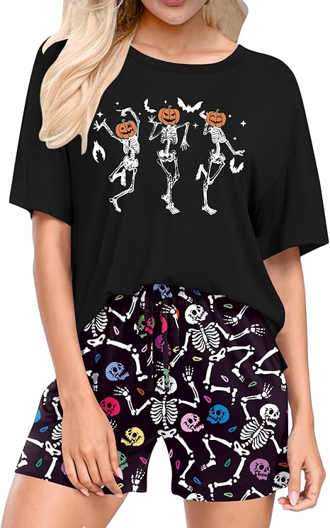 Ithalt Halloween Pajamas Women Pumpkin Short Sleeve Tops and Shorts Pjs Set Fall Sleepwear Spooky Pajamas - skull pajamas