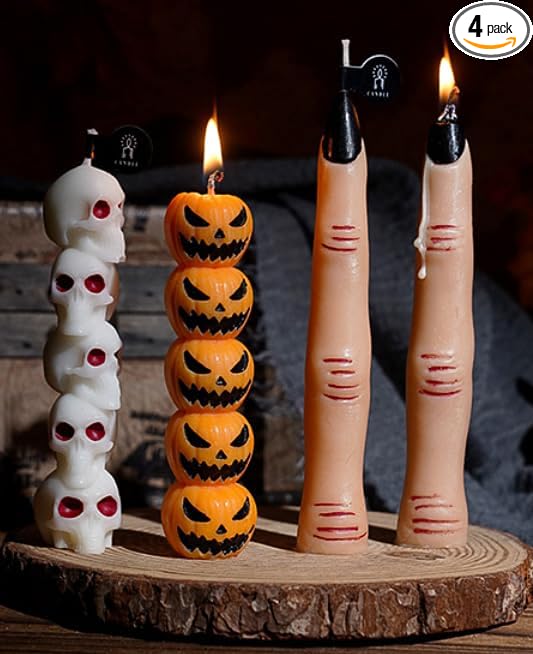 4PCS Halloween Mini Candle Gifts, Scented Soy Wax Drip Candles with Ghost, Skull, Pumpkin & Bone Finger Taper Candle, Halloween Spooky Decor for Table Centerpieces, Shelves, Festive Party Gifts - skull candle
