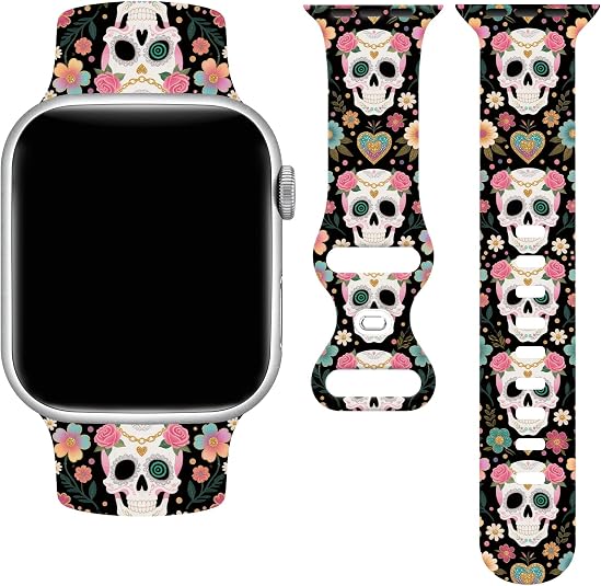 Halloween Skull Watch Band Compatible with Apple Watch, Silicone Strap Adjustable Replacement for All Series - skull watch