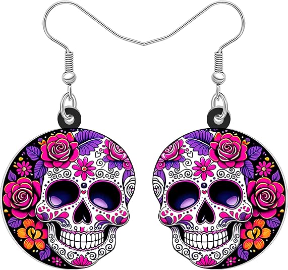 Novelty Halloween Gifts Sugar Skull Dangle Earrings for Women, Acrylic Floral Spooky Day of the Dead Mexican Gothic Design, Goth Halloween Holiday Costumes Jewelry - sugar skull costume