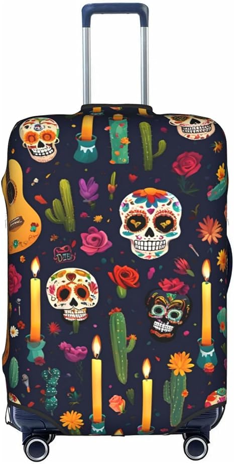 Colorful Flower Skulls Guitar Print Protective Suitcase Cover Washable Travel Luggage Protector with Concealed Zipper - skull suitcase