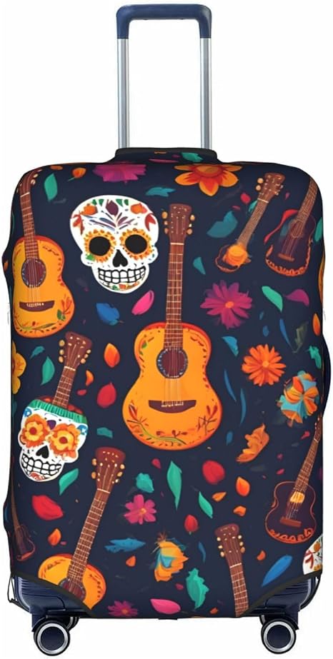 Colorful Flower Skulls Guitar Print Protective Suitcase Cover Washable Travel Luggage Protector with Concealed Zipper - skull suitcase