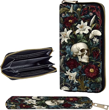 Wallet,Leather Long Wallet Suitable For Ladies And Teenagers - Detachable Wristband + RFID Blocking Wallet With Card Slot - Skull Flowers - sugar skull handbags for sale