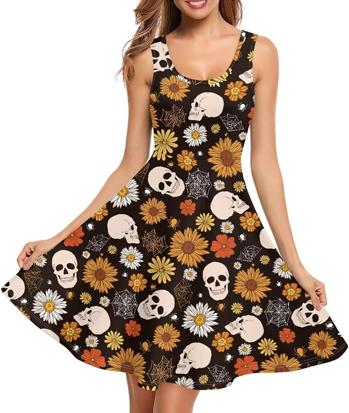 Sleeveless Dresses for Women A Line Tank Top Knee Length Midi Dress for Women - sugar skull dress