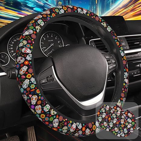 Day of The Dead Sugar Skull Steering Wheel Cover with 2 Pcs Car Coasters Neoprene Steering Wheel Cover for Women Men Anti-Slip Breathable Car Accessories Universal 15 Inch Fit Auto Cars Trucks - skull coaster