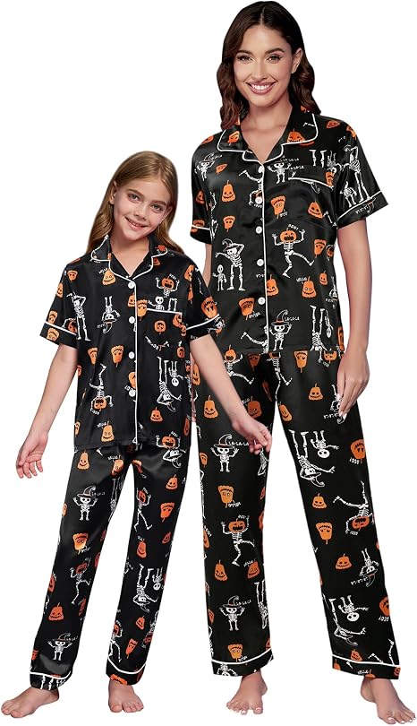 Mommy and Me Pajamas Mother Daughter Family Matching Sleepwear Button Down Silky Satin Nightwear - skull pajamas
