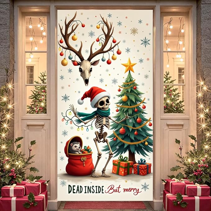 Merry Christmas Door Cover Christmas Front Door Cover Cartoon Skeleton Xmas Door Decorations Xmas Door Banner Sign Party Supplies Photo Booth Props for Indoor Outdoor Wall Home Holiday Winter - skeleton