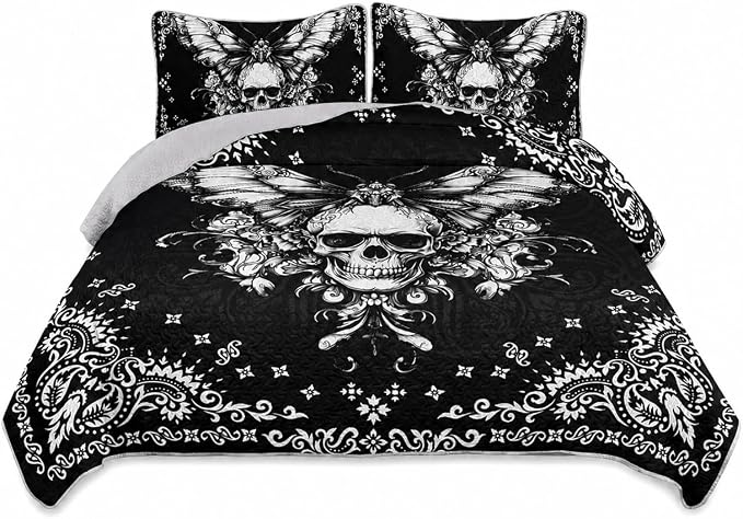 AILONEN Goth Skull Quilt Bedding Set Full Size, Lightweight Black and White Gothic Bedspreads Coverlets,Soft Microfiber Bed Cover with 2 Pillowcases,3 Piece - skull bedding