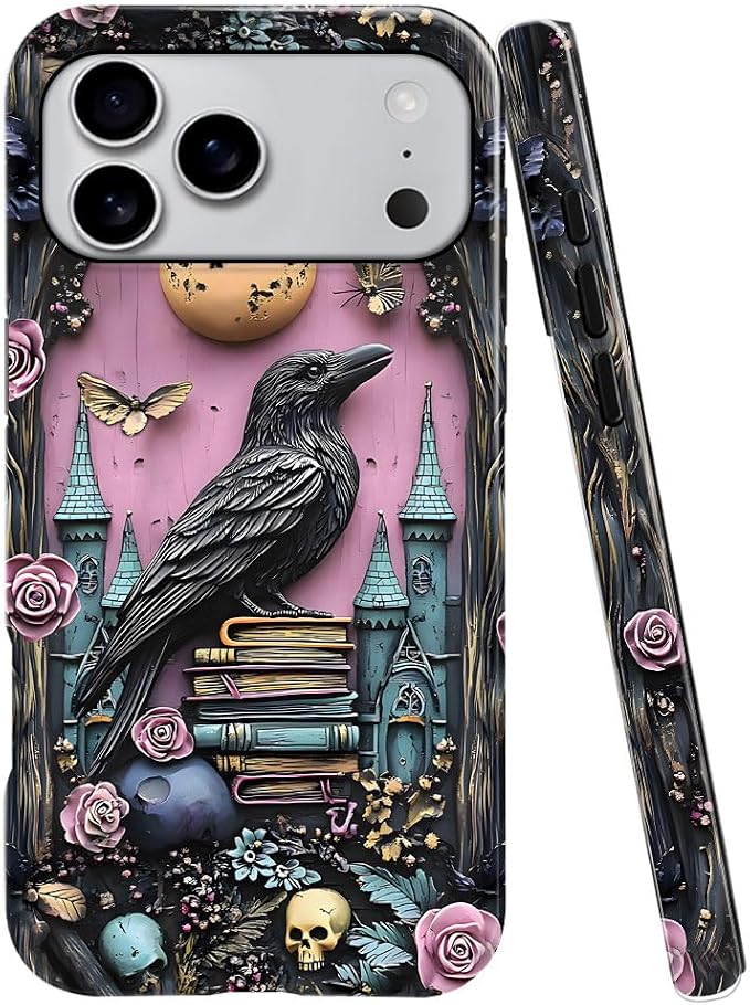 Case Compatible with iPhone 18 Pro Max/iPhone 17 Pro Max,Fall Prevention Bright Hybrid 2-Layer Hard Shell Phone Case for Girls Boys,Skull Bookshelf Floral Butterfly - Skull phone case