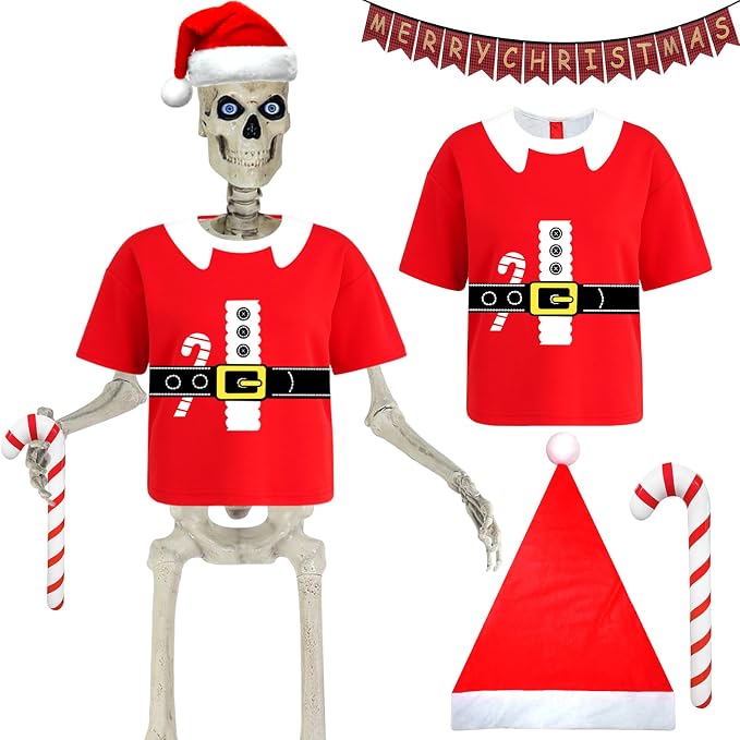12Ft Giant Skeleton Costume Accessories Set with Extra Large Shirt Santa Hat Inflatable Candy Cane Banner Skully 12Ft Skeleton Clothes Outfits for Big Skelly Christmas Outdoor Garden Lawn Decor - skeleton