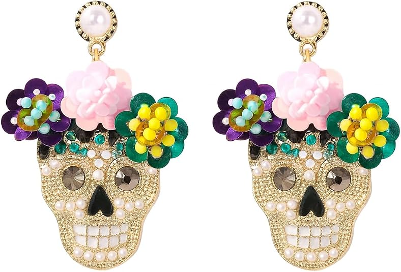 Cute Candy Skull Earrings for Women – Day of the Dead Sugar Skull Jewelry with Colorful Flowers – Halloween, Festival & Costume Accessories - skull headband