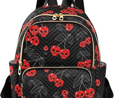 Cherry Skull Backpack Purse for Women Girls Black Fashion Back Pack Small Mini Daypacks Purse for Hiking Traveling College M