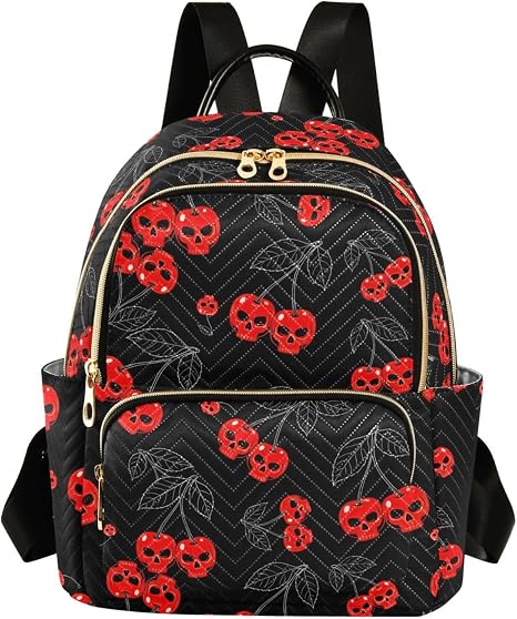 Cherry Skull Backpack Purse for Women Girls Black Fashion Back Pack Small Mini Daypacks Purse for Hiking Traveling College M - sugar skull handbags for sale