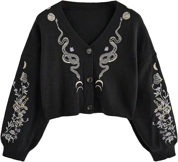 BEAUDRM Women's Butterfly Goth Cardigan Boho Floral Cropped Sweater - skull jacket