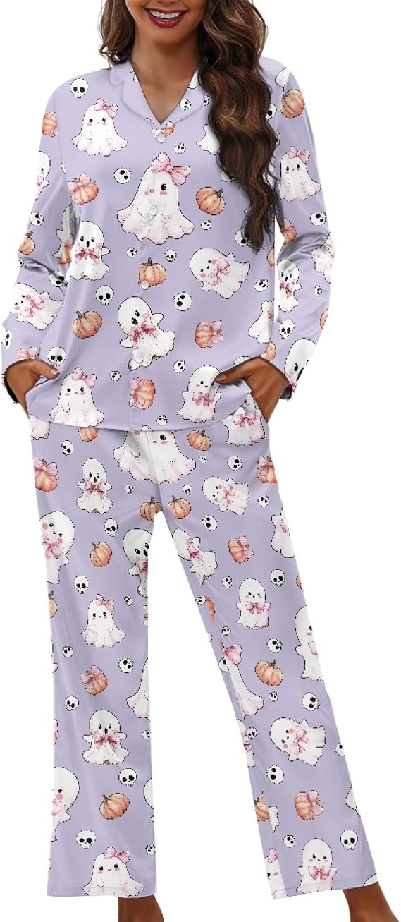 Pajamas for Women Set Long Pants Sleepwear Sets Soft Comfy Night Wear V-Neck Loungewear Cute Pajama House Wear - skull pajamas