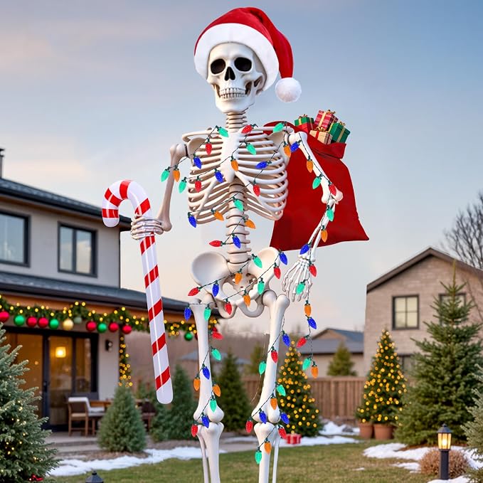 12 Foot Skeleton Christmas Outfit,Giant 12FT Skeleton Clothes Accessories Including Giant Santa Hat with Drawstring to Secure,Big Santa Bag,Inflatable Candy Cane,16.4FT Lights for Xtmas Outdoor Decor - skeleton
