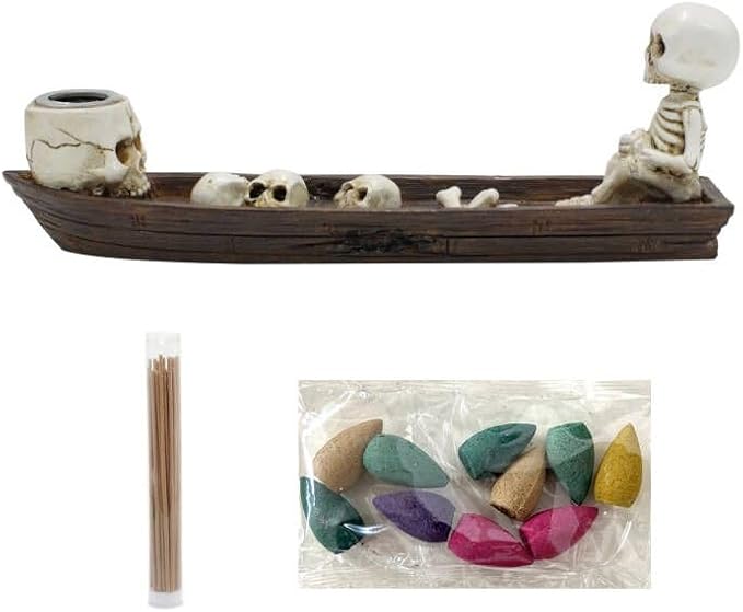 Halloween Incense Burner, backflow Incense Burner,Skeleton Ship Incense Holder,Hand-Carved Decorations,Cool Room Decorations, Awesome and Ideal Gifts, Brown (1pack, 8.5inch) - skull candle