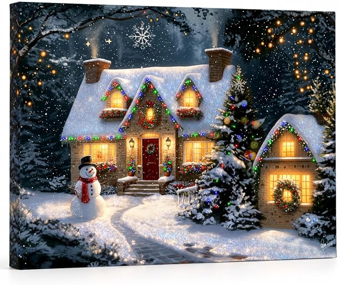 Artiluxy Christmas Decorations, 24x18in LED Canvas Wall Art, Snowy House - skull wall art