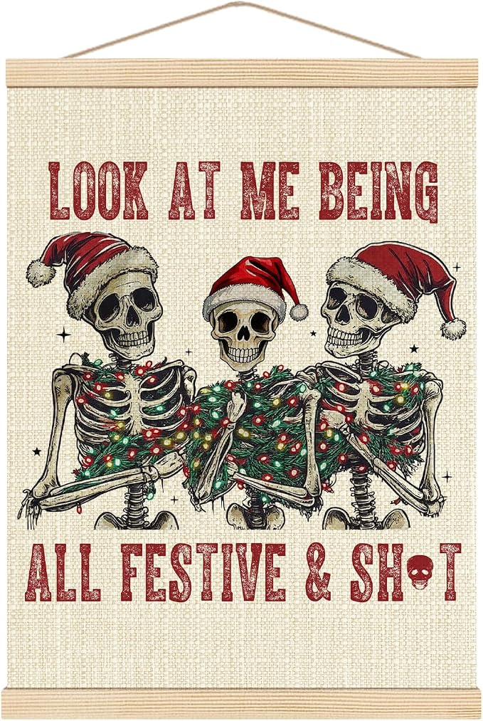 Boat Wades Christmas Funny Skeleton Wall Art Poster Hanger Frame, Halloween Christmas Decor, Holiday Gothic Xmas Santa Hat Skull Wall Decor for Home Living Room Bedroom, 12x16 Inch - skeleton