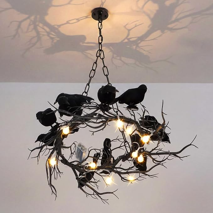 Halloween Black Chandelier with Crows Bulbs, Tree Branch