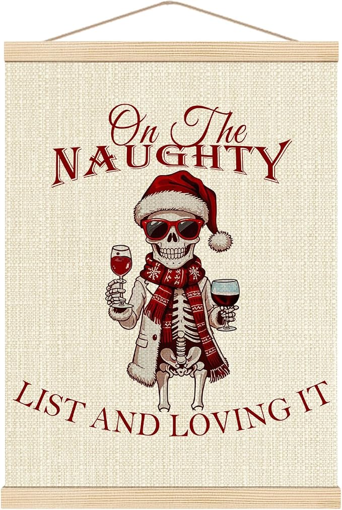 Boat Wades Christmas Skeleton Wine Wall Art Poster Hanger Frame, Christmas Bar Decor, Funny Holiday Halloween Xmas Santa Skull Wall Decor for Home Kitchen Bar Pub Lounge, 12x16 Inch - skeleton