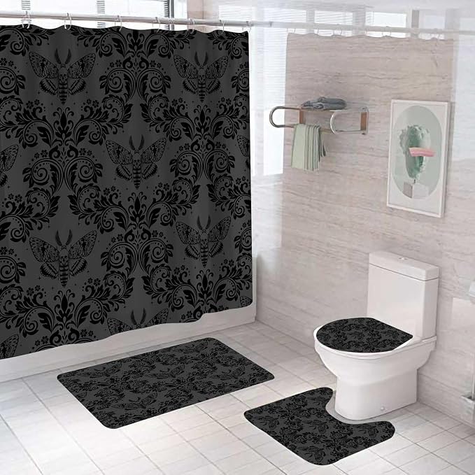 4PCS Black Damask Shower Curtain Sets with Rugs, Gothic Skull Moth Shower Curtain, Waterproof Fabric Shower Curtain, Spooky Skeleton Vintage Floral Antique Victorian Baroque Bathroom Decor - skull toilet rug