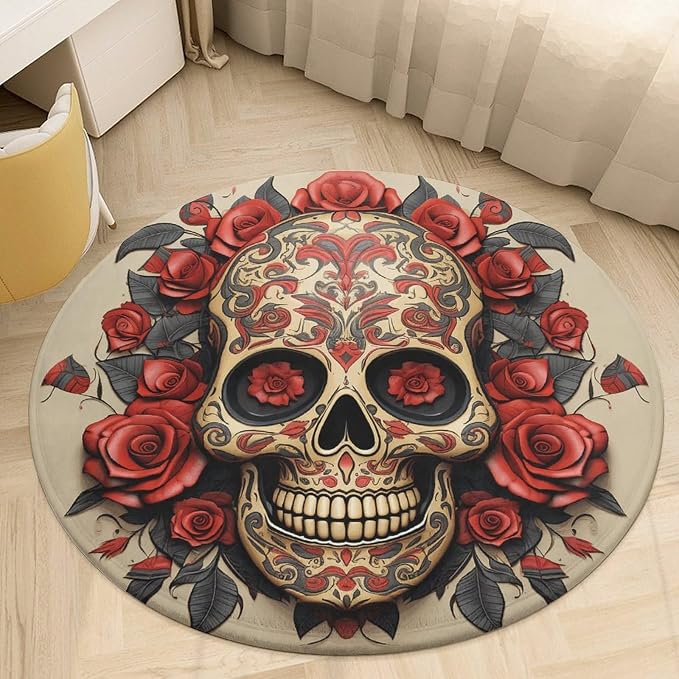 Red Rose Sugar Skull Round Rug 90 * 90cm Washable Area Rugs Indoor Circle Door Mat Soft Non-Slip Carpet for Living Room Bedroom Dining Room Playroom Entryway Home Office - skull carpet