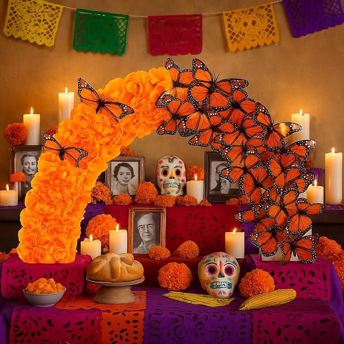 Janinka 24" Day of The Dead Dia De Los Muertos Altar Arch Marigold Ofrenda - skull wreath