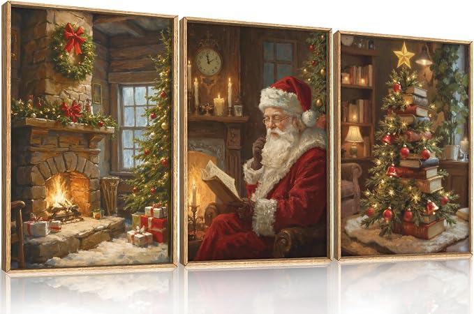 Large Vintage Christmas Framed Canvas Wall Art Set,Santa Reading Book Wall Decor,Retro Xmas Tree Art Prints,Snowy Winter Fireplace Artwork for Living Room,Bedroom,Farmhouse -24"x36"x3 - skull wall art