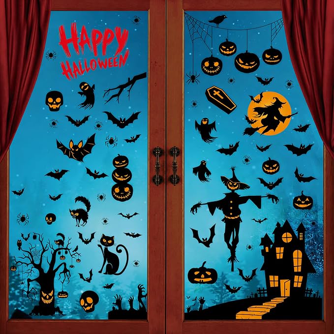 Halloween Static Cling Stickers - 105 Pcs Spooky Black & Orange Decorations - 9 Sheets Window Mirror Decals with Bats Witches Pumpkins - Indoor Halloween Party Home Decor - skull sticker