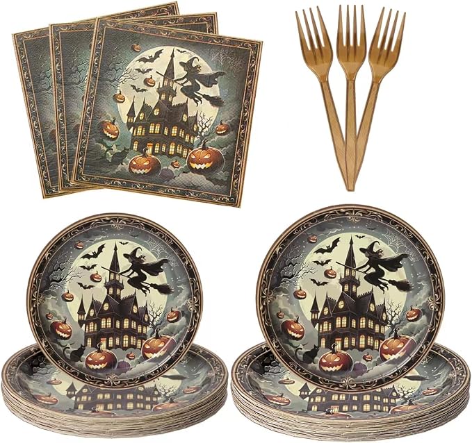 25 Sets Halloween Party Supplies: Disposable Dinner Plates (9in & 7in), Forks, Napkins - Complete Spooky Tableware Set for 25 Guests (gold) - skull plate