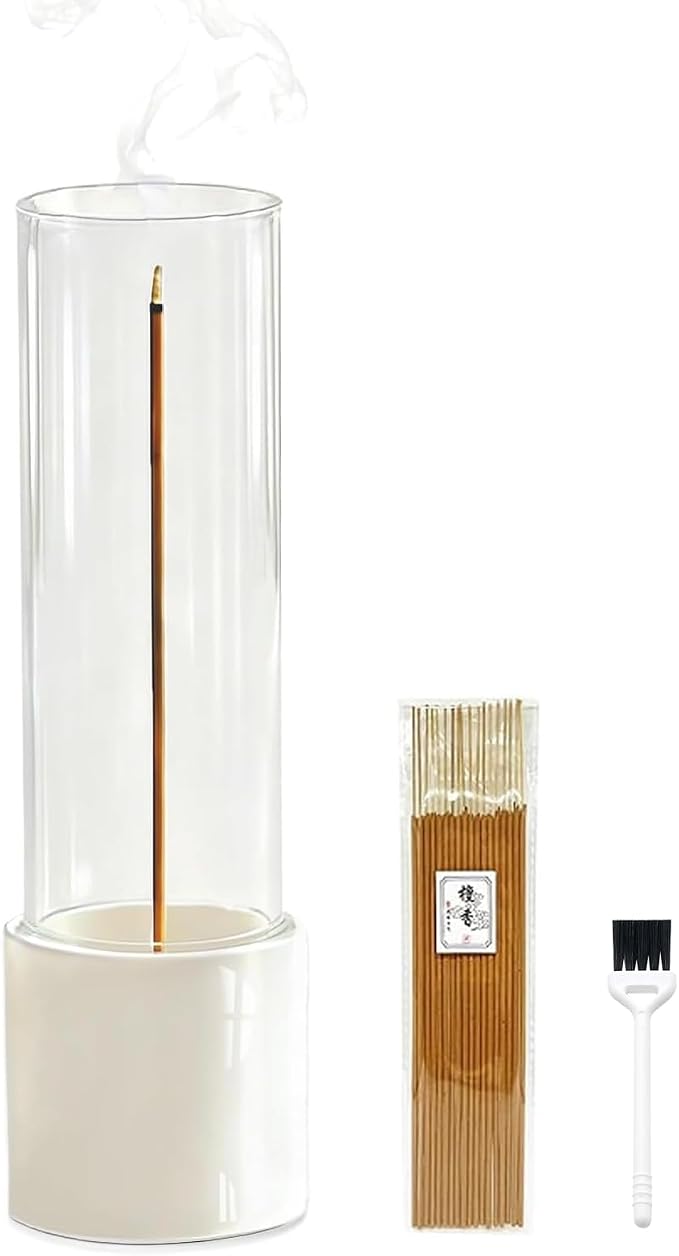 CEREMONY Incense Holder, Ceramic Incense Holder for Sticks with Glass Ash Catcher, Anti-ash Incense Burner with 20 Incense Sticks and a Ash Brush for Meditation Yoga Spa Room Decor - skull incense burner