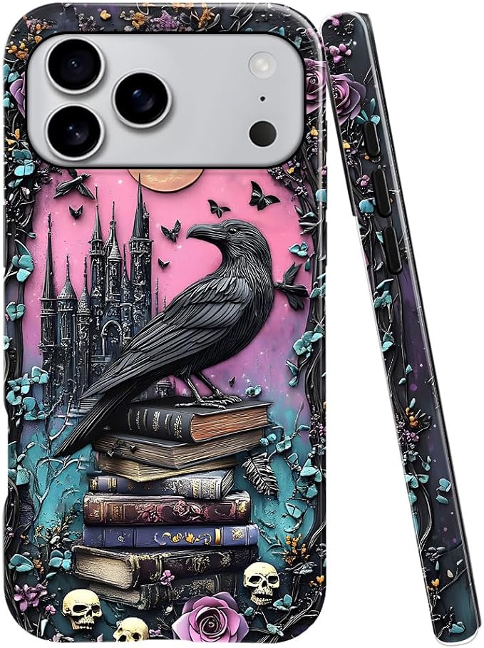 DAIZAG Case Compatible with iPhone 18 Pro Max/iPhone 17 Pro Max,Glossy Durable Shock Protection Cover for Girl Women,Black Raven Bird Book Rose Skulls - Skull phone case