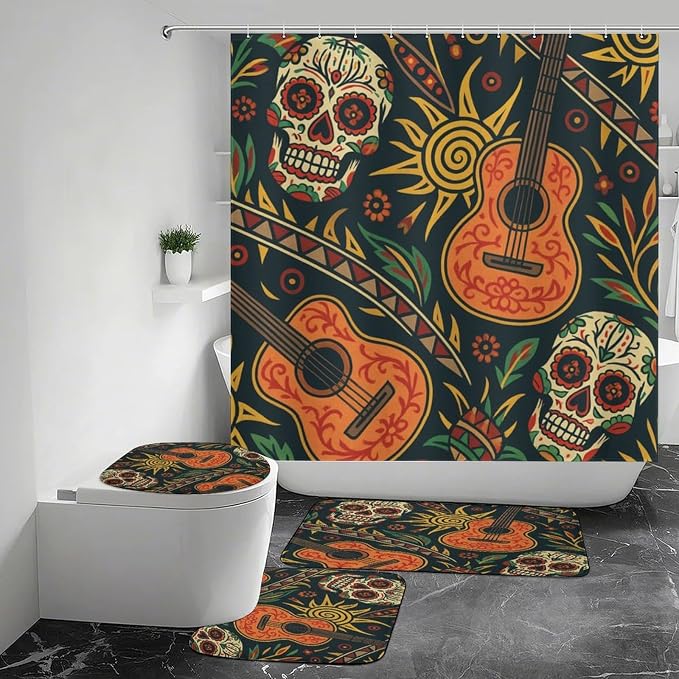 Day of The Dead Pattern Shower Curtains Set Bathroom Sets with Rugs (Bath Mat,U Shape and Toilet Lid Cover Mat) - skull toilet mat