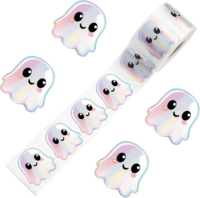 500Pcs Halloween Ghost Stickers Roll – Holographic Cute Ghost Stickers, Waterproof Self-Adhesive Halloween Sticker Decals for Party, Envelope, Scrapbook & Journal Decor (A) - skull sticker