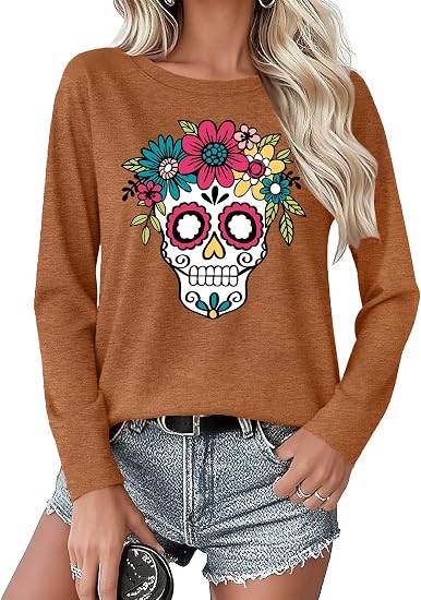 Day of The Dead Shirts Women: Dia De Los Muertos Graphic Tee Shirt Halloween Long Sleeve Tops - skull tshirt