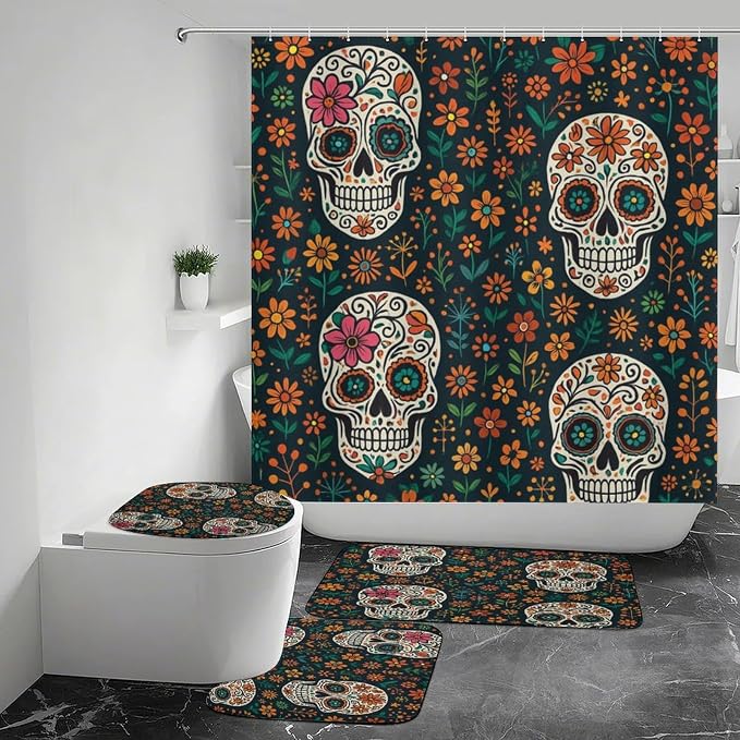 Day of The Dead Sugar Skulls Shower Curtains Set Bathroom Sets with Rugs (Bath Mat,U Shape and Toilet Lid Cover Mat)