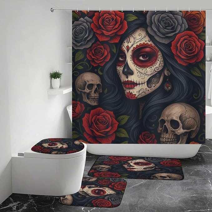 Day of The Dead Shower Curtains Set Bathroom Sets with Rugs (Bath Mat,U Shape and Toilet Lid Cover Mat) - skull toilet mat